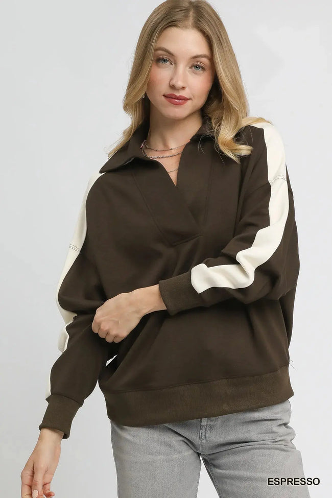 Umgee Color Block Polo Sweatshirt  Style Ratio