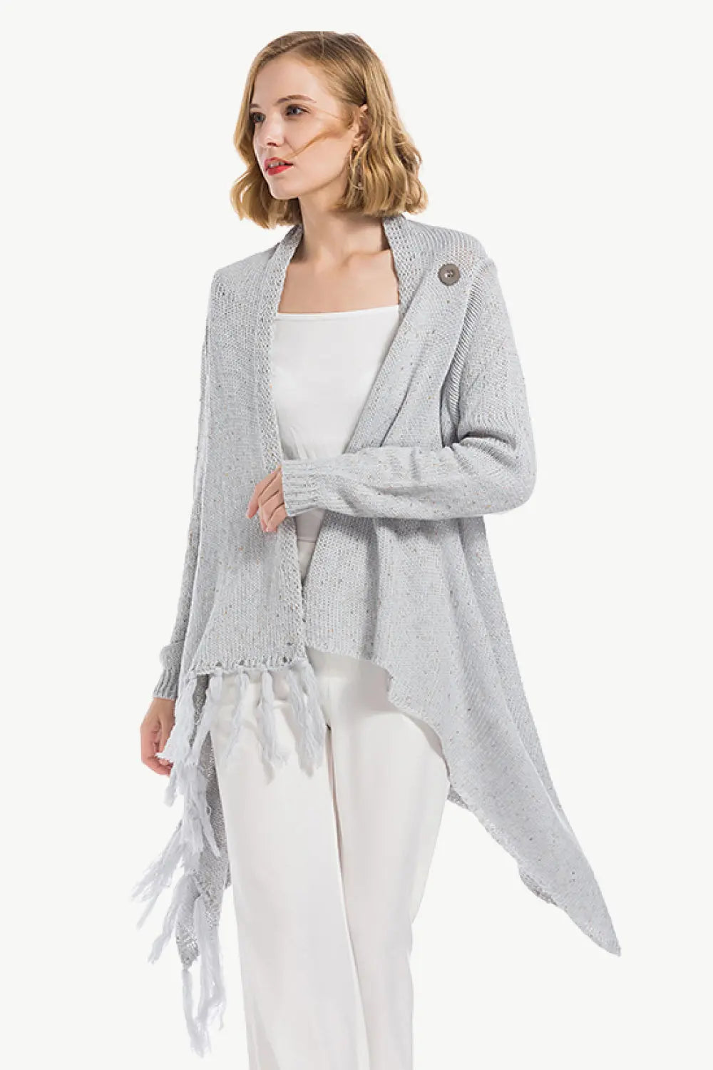 Angel Wings One-Button Tassel Tie Asymmetrical Hem Cardigan  Style Ratio