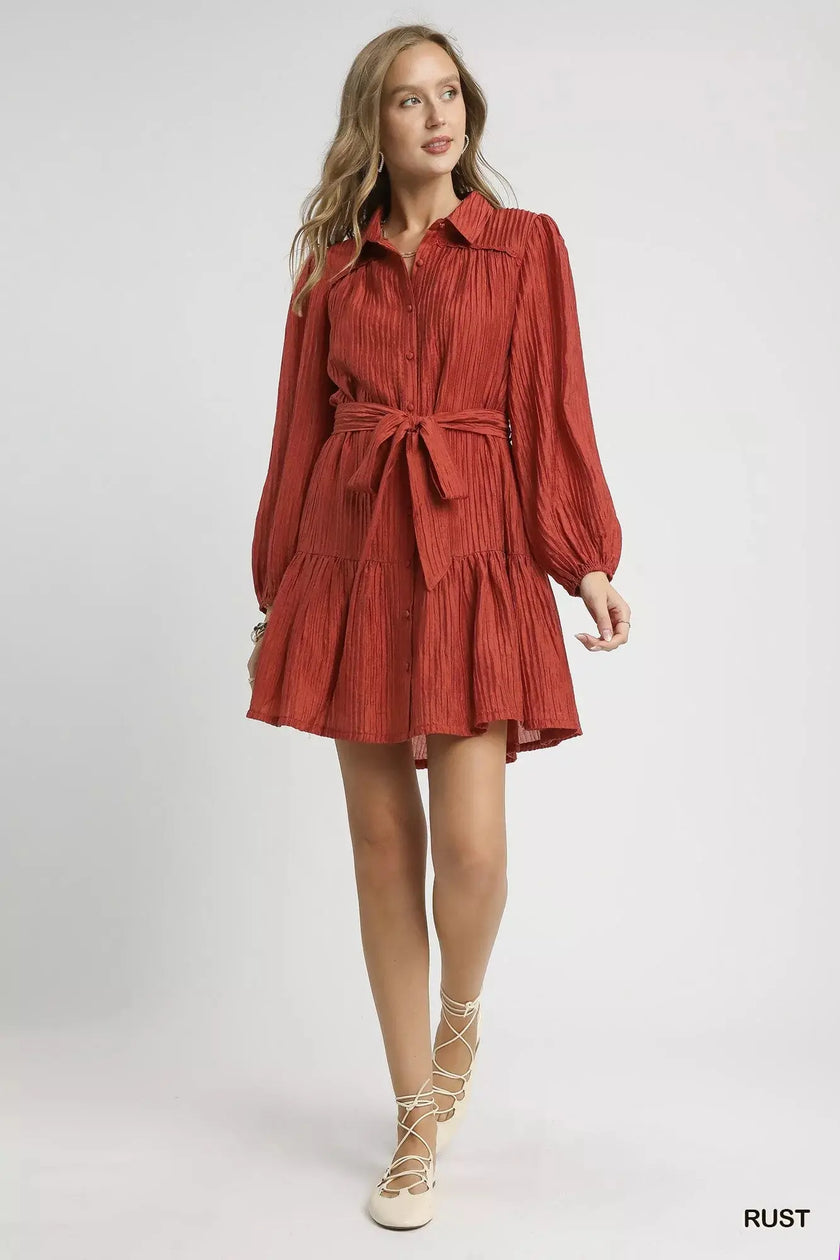 Umgee Crinkle Button-Front Tiered Mini Dress with Waist Tie  Style Ratio