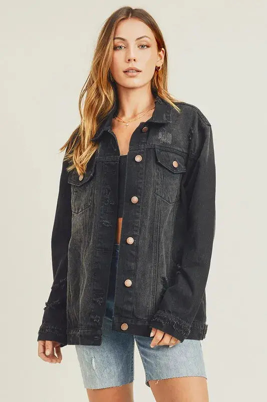 RISEN Full Size Distressed Long Sleeve Denim Shacket  Style Ratio