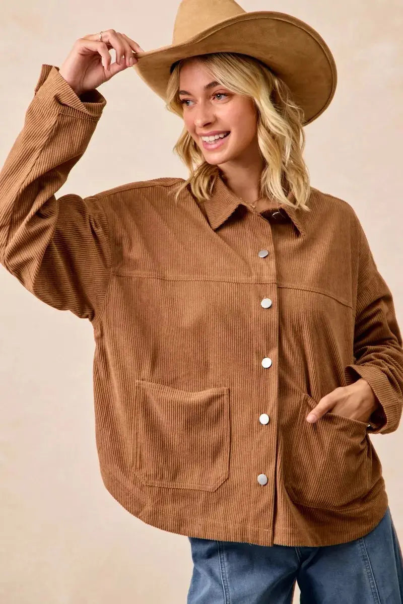 BiBi Corduroy Relaxed Fit Long Sleeve Shacket  Style Ratio