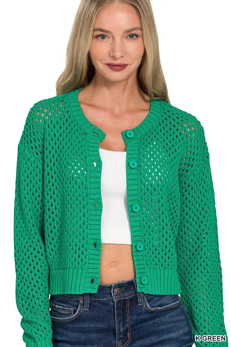 Zenana Button Down Lightweight Crochet Cardigan  Style Ratio