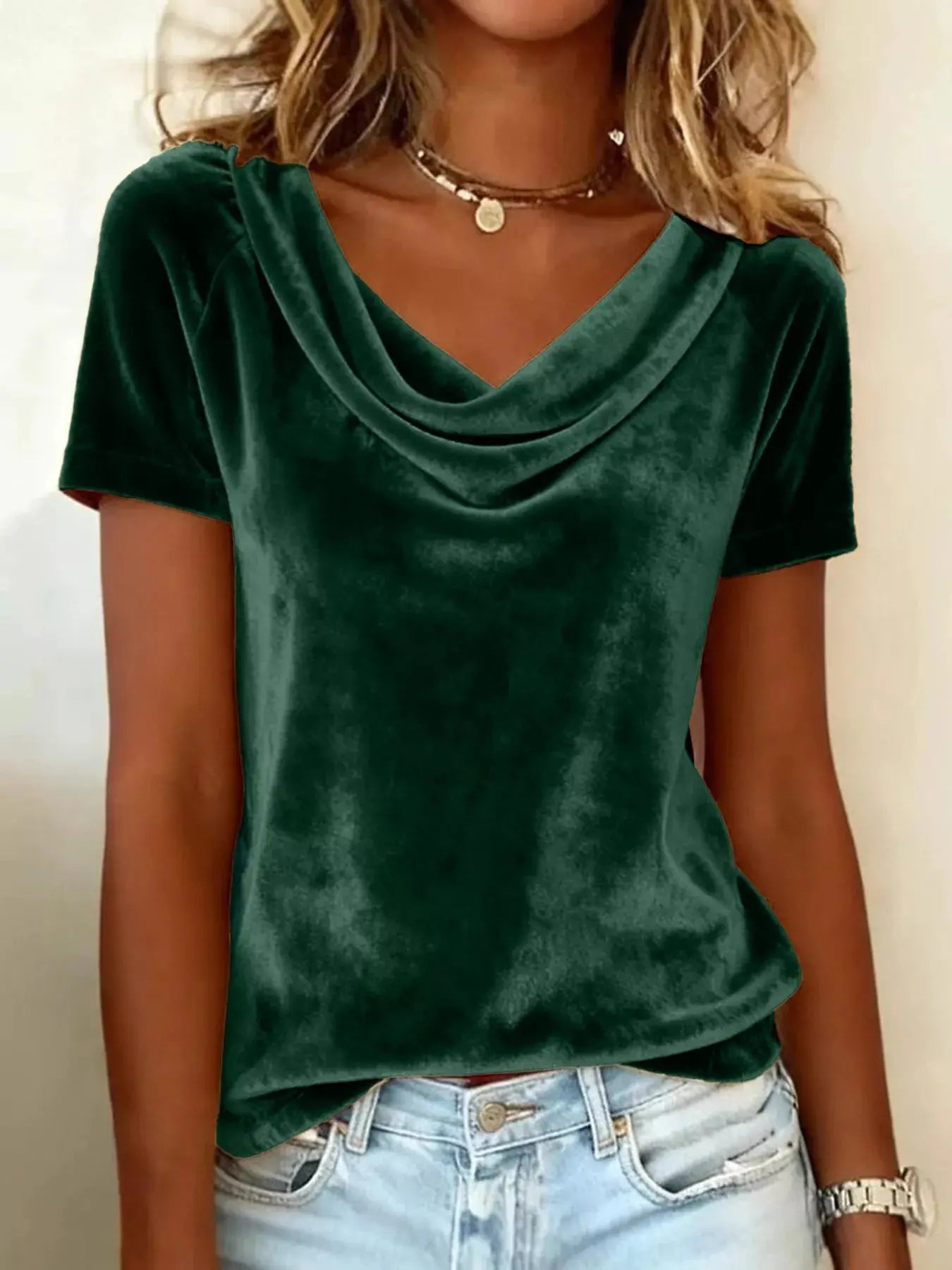 Full Size Cowl Neck Short Sleeve Top  Style Ratio