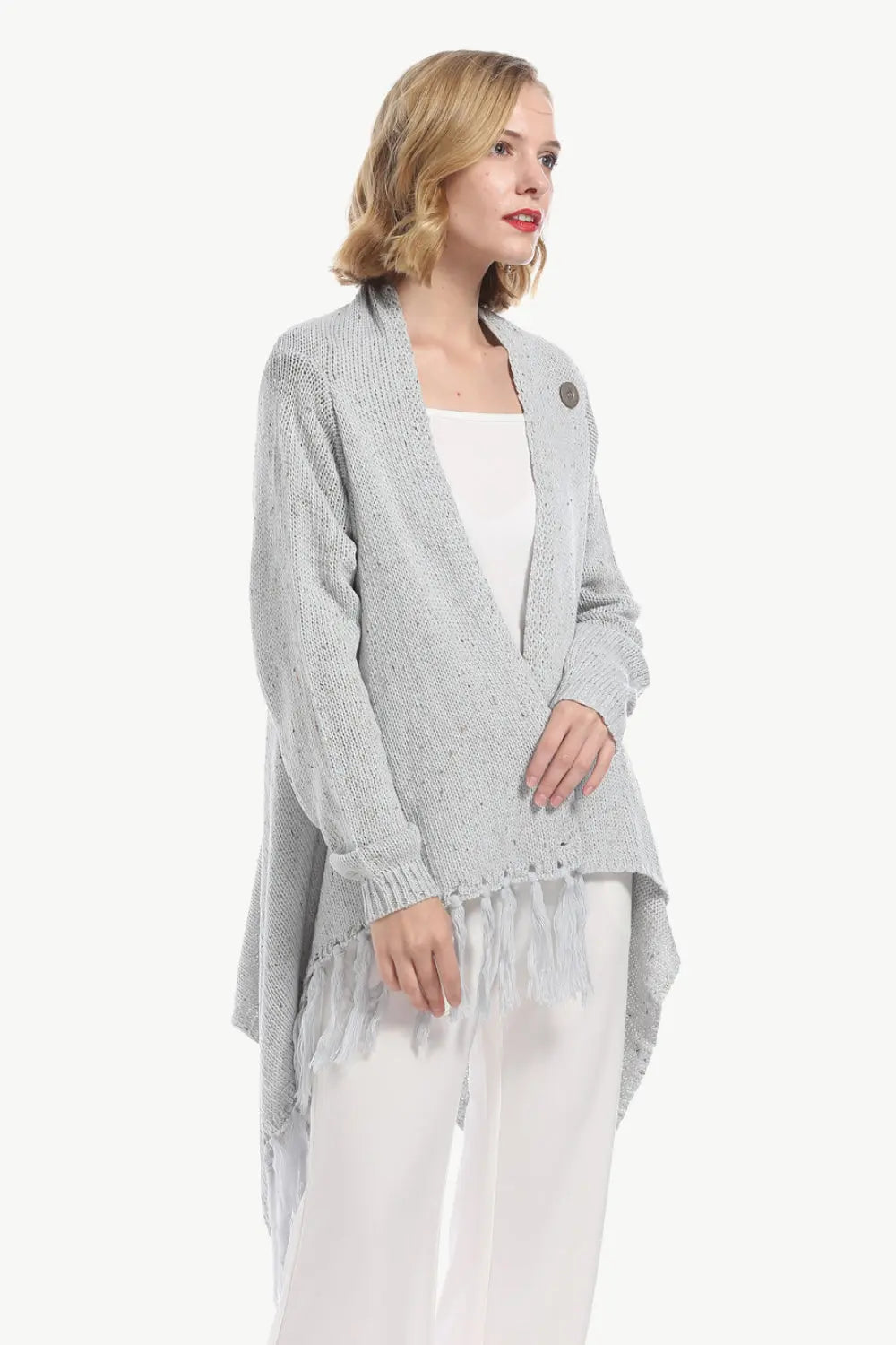 Angel Wings One-Button Tassel Tie Asymmetrical Hem Cardigan  Style Ratio