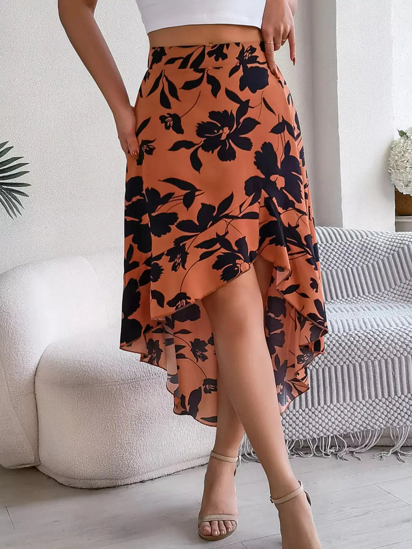 Floral Print Ruffle Hem Asymmetrical Skirt  Style Ratio