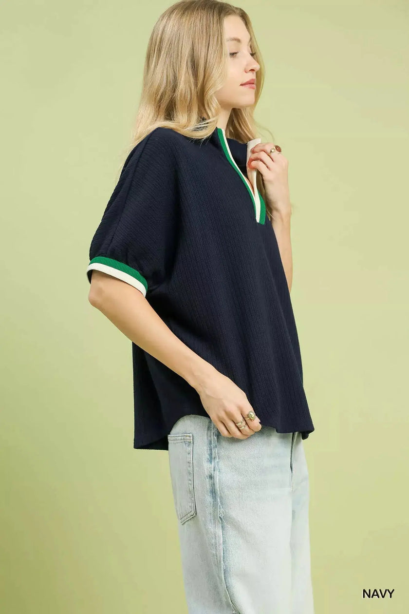 Umgee Textured Knit Top with Striped Contrast Trim  Style Ratio