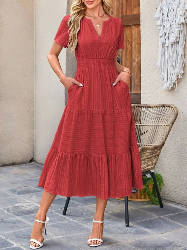 Tiered Notched Short Sleeve Dress  Style Ratio