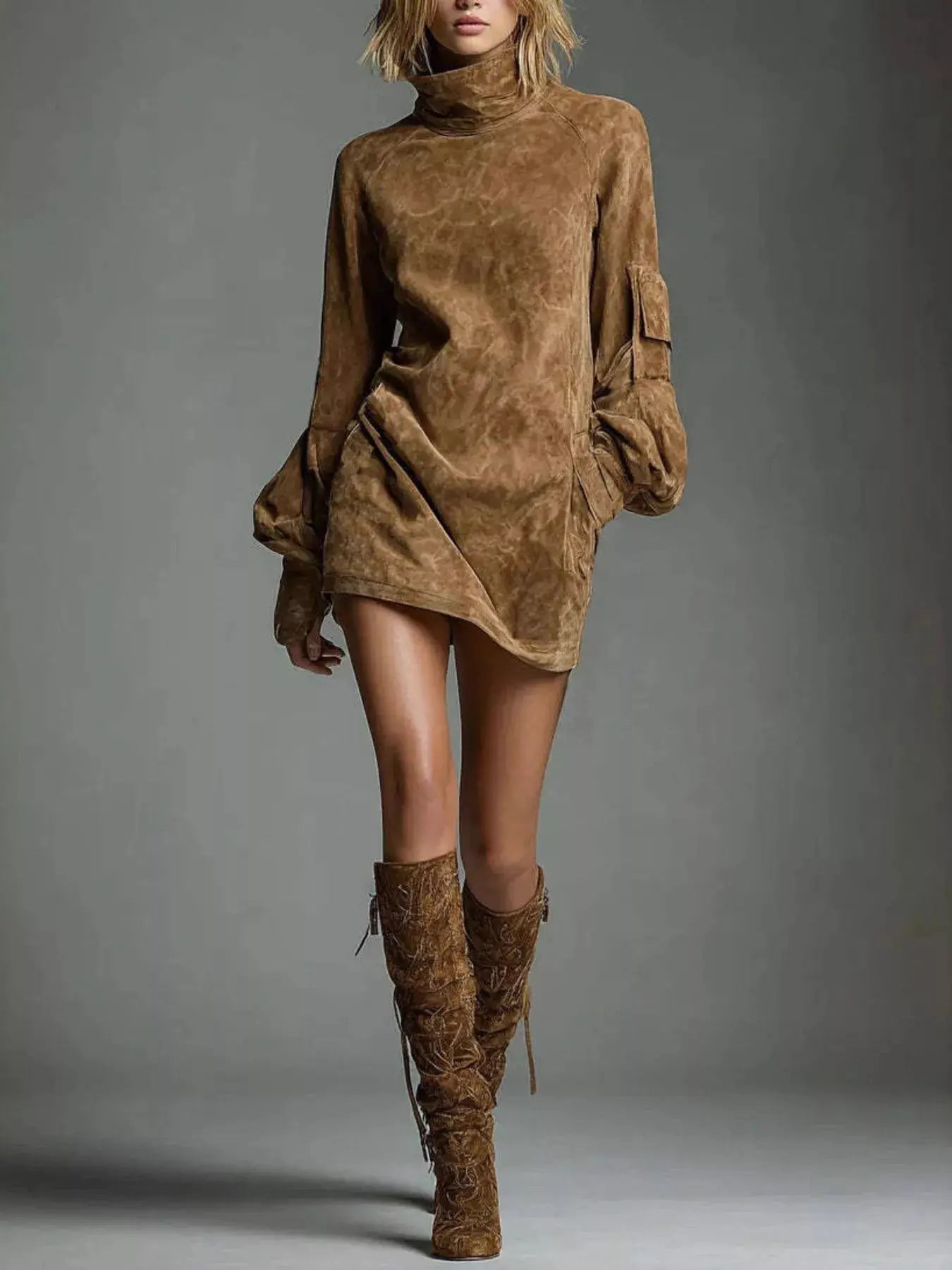 Turtleneck Lantern Sleeve Mini Dress with Pockets  Style Ratio