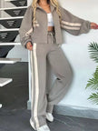 Full Size Contrast Stripe Zip Up Jacket and Pants Set  Style Ratio