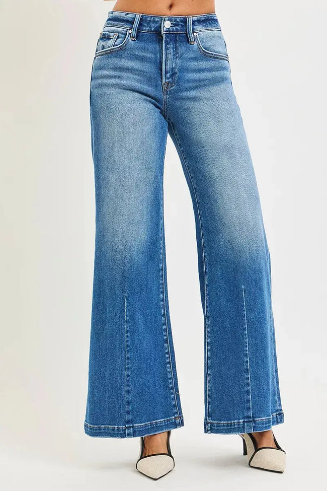 RISEN Full Size Mid Rise Wide Leg Jeans with Flared Look  Style Ratio