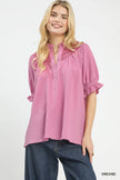 Umgee Textured Henley Blouse with Ruffle Cuffs  Style Ratio