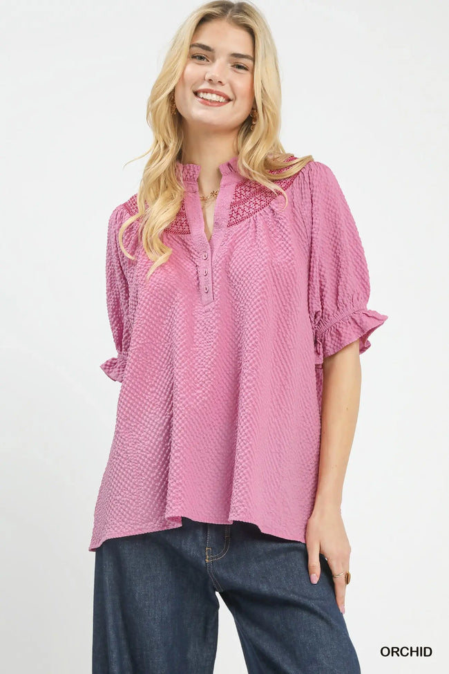 Umgee Textured Henley Blouse with Ruffle Cuffs  Style Ratio