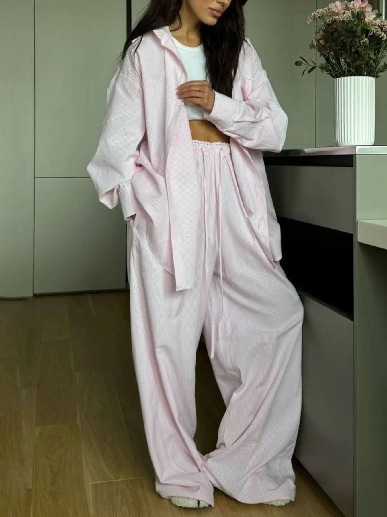 Relaxed Fit Long Sleeve Shirt and Pants Loungewear  Style Ratio
