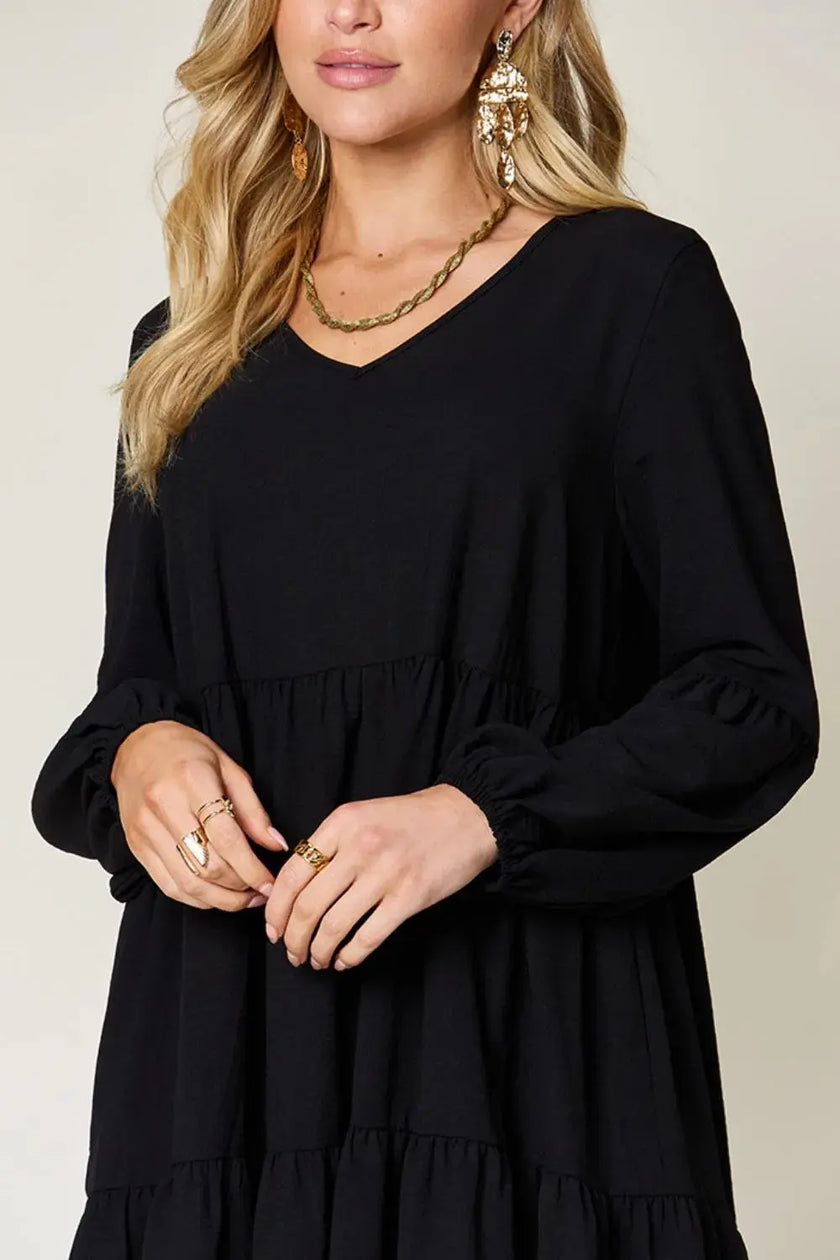 Double Take Full Size V-Neck Balloon Sleeve Tiered Dress with Pockets  Style Ratio