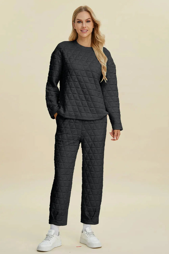 Double Take Full Size Texture Round Neck Long Sleeve Top and Pants Set  Style Ratio