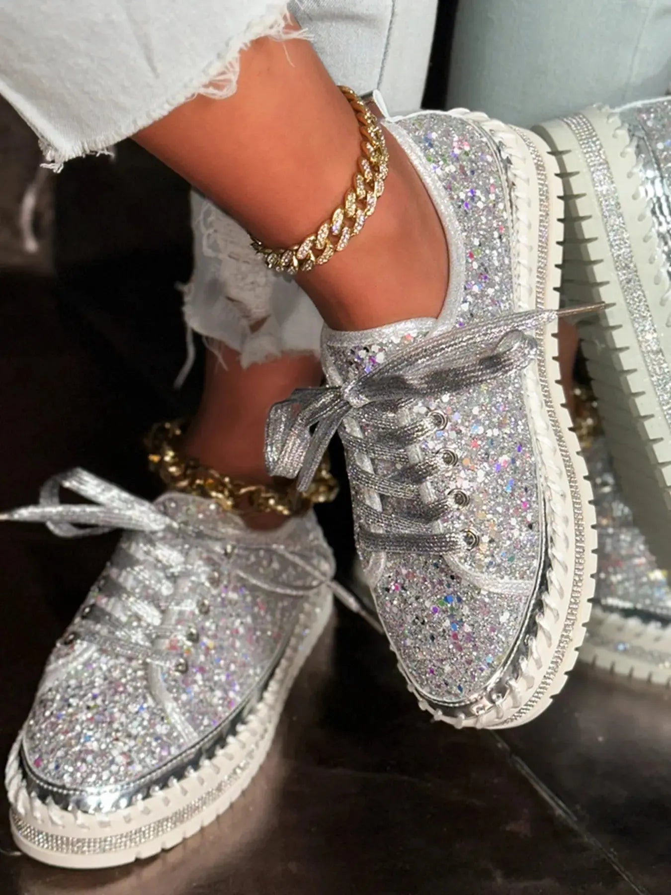 Lace Up Sequin Round Toe Platform Sneakers  Style Ratio