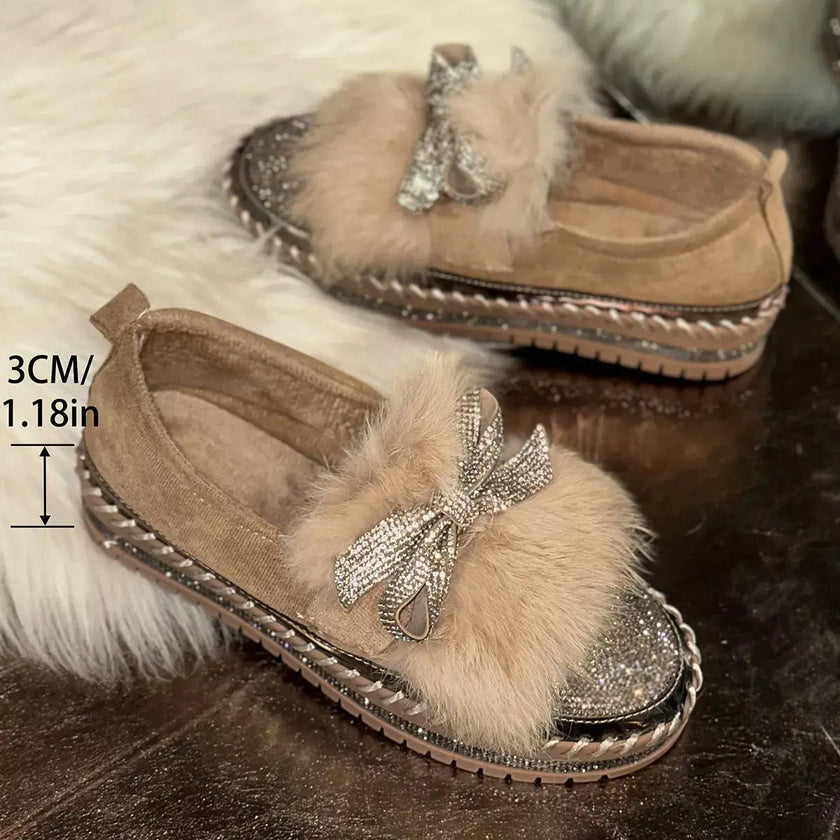 Fuzzy Bowknot Rhinestone Platform Loafers  Style Ratio