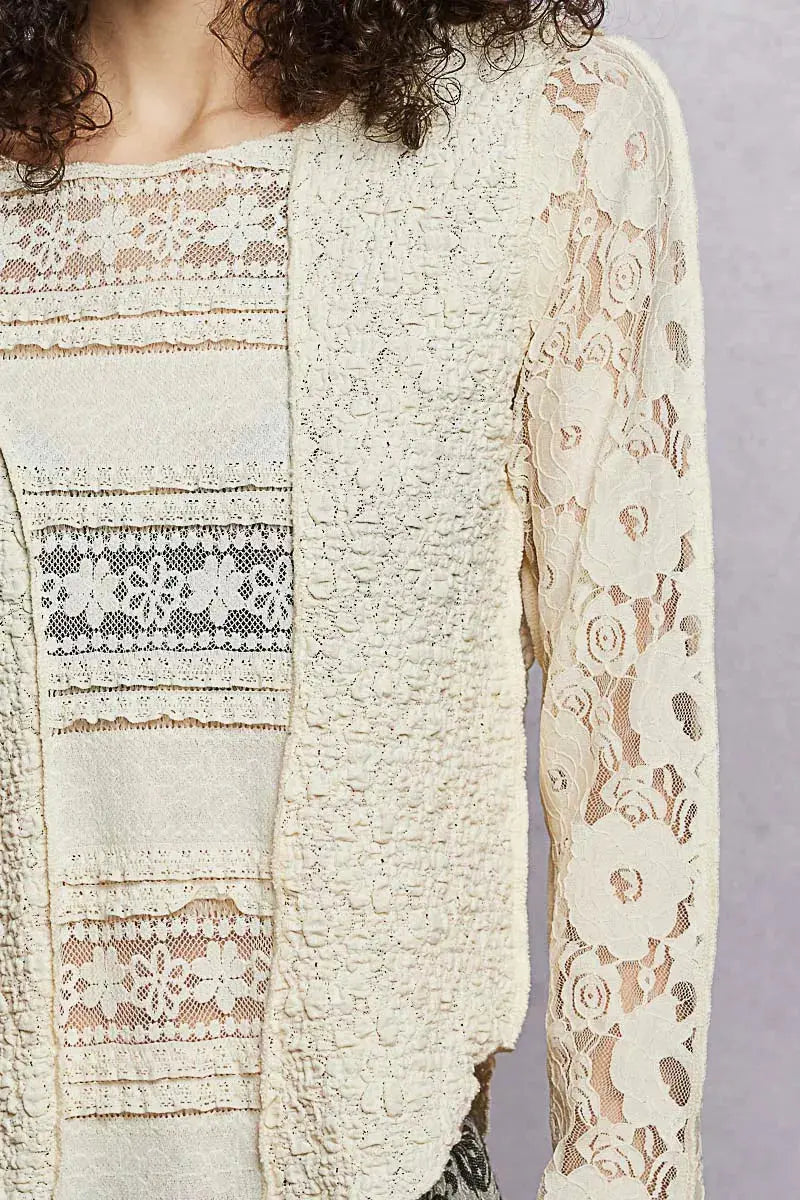 POL Round Neck Long Sleeve Exposed Seam Top with Lace Detail  Style Ratio