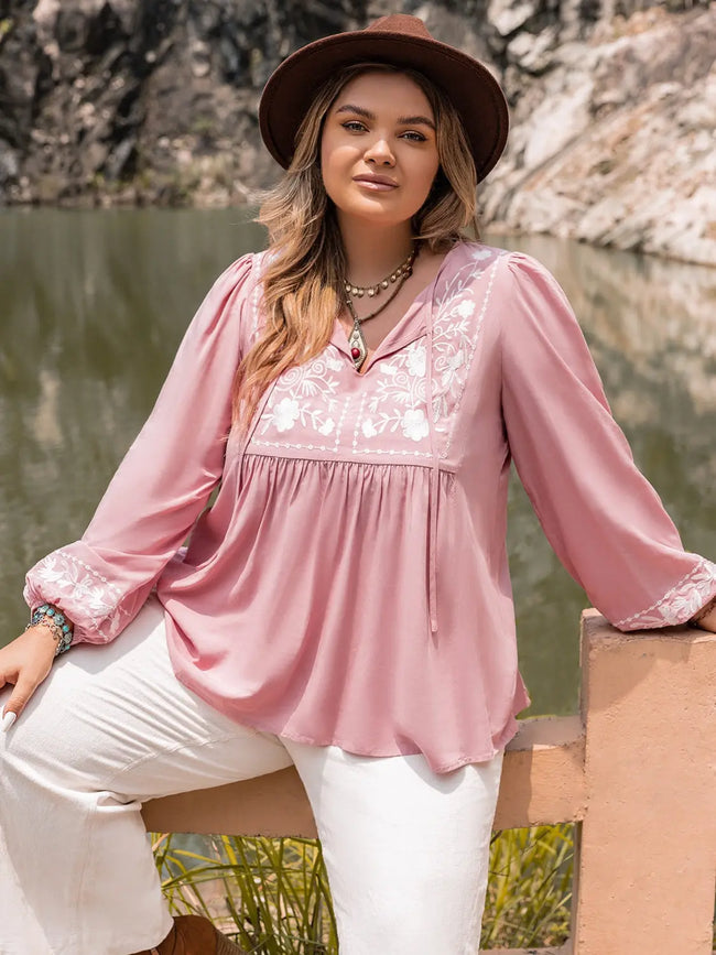 Plus Size Tie Neck Puff Sleeve Blouse  Style Ratio