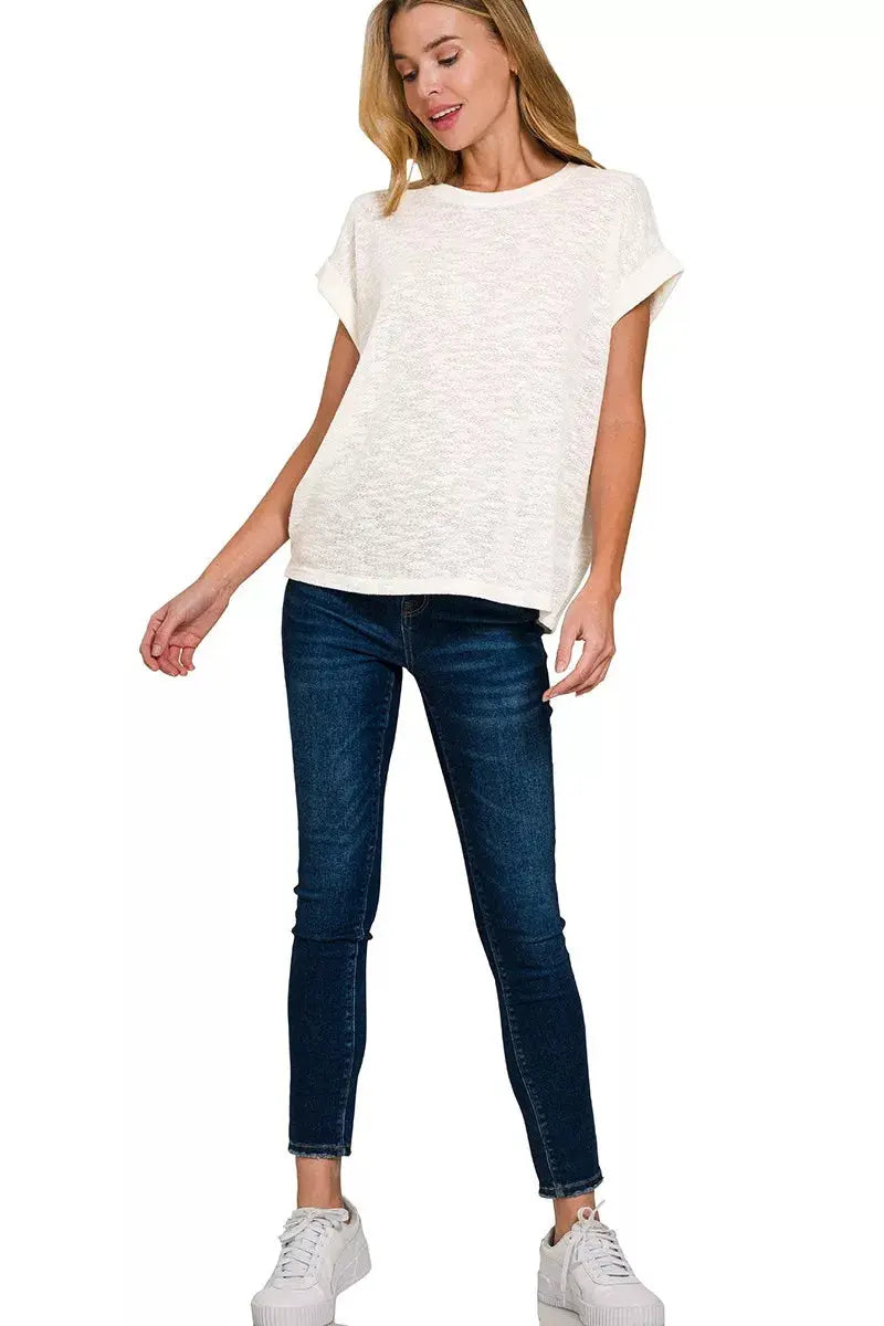Zenana Hacci Slub Rolled Up Short Sleeve Shirt  Style Ratio