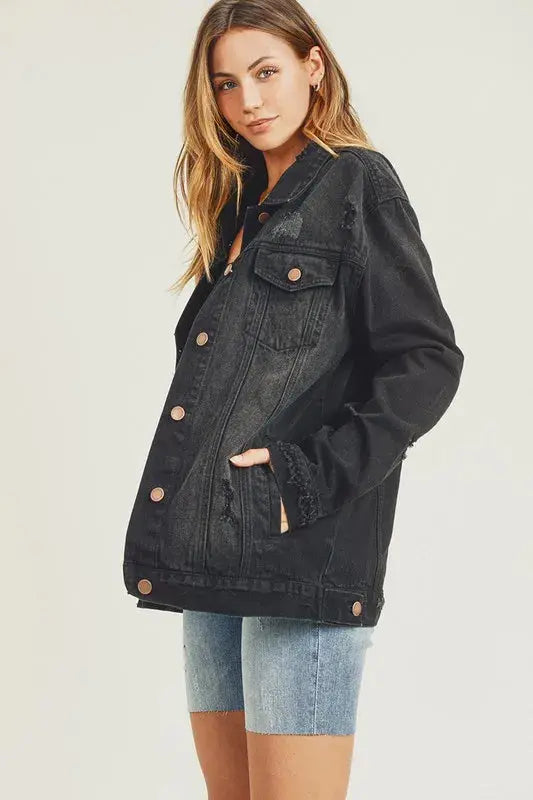 RISEN Full Size Distressed Long Sleeve Denim Shacket  Style Ratio