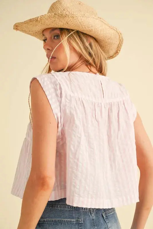 Aemi + Co Ruched Striped Round Neck Sleeveless Blouse  Style Ratio