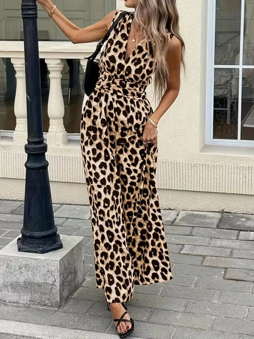 Sleeveless V Neck Leopard Print Jumpsuit  Style Ratio