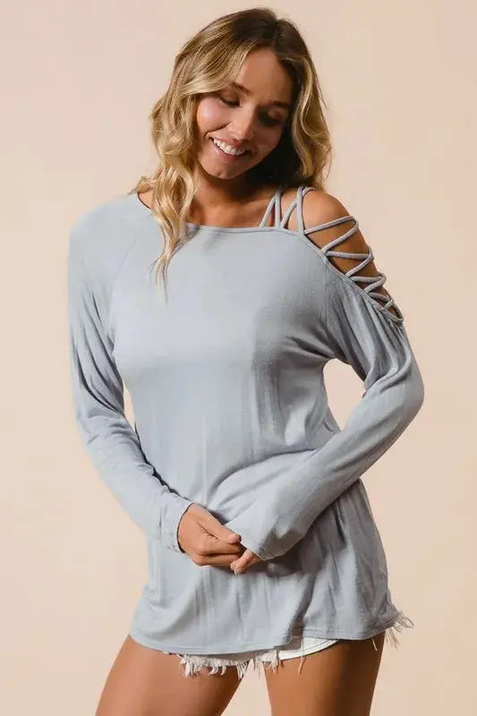 BiBi Jersey Knit One Shoulder with Criss Cross Long Sleeve Shirt  Style Ratio