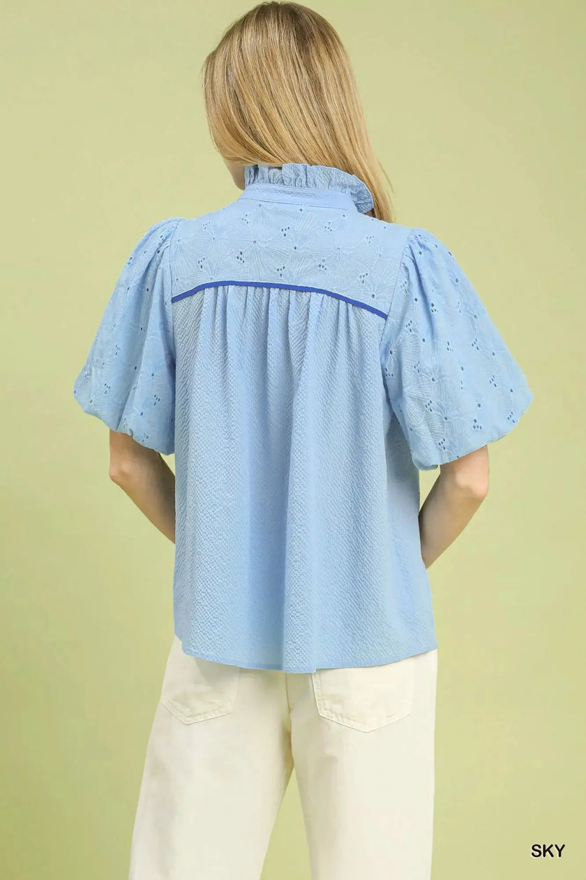 Umgee Puff Sleeve Eyelet Mix Top with Contrast Piping  Style Ratio