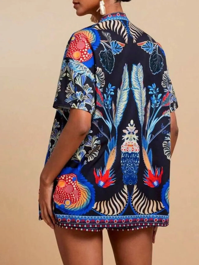 Printed Open Front Cardigan and Shorts Set  Style Ratio