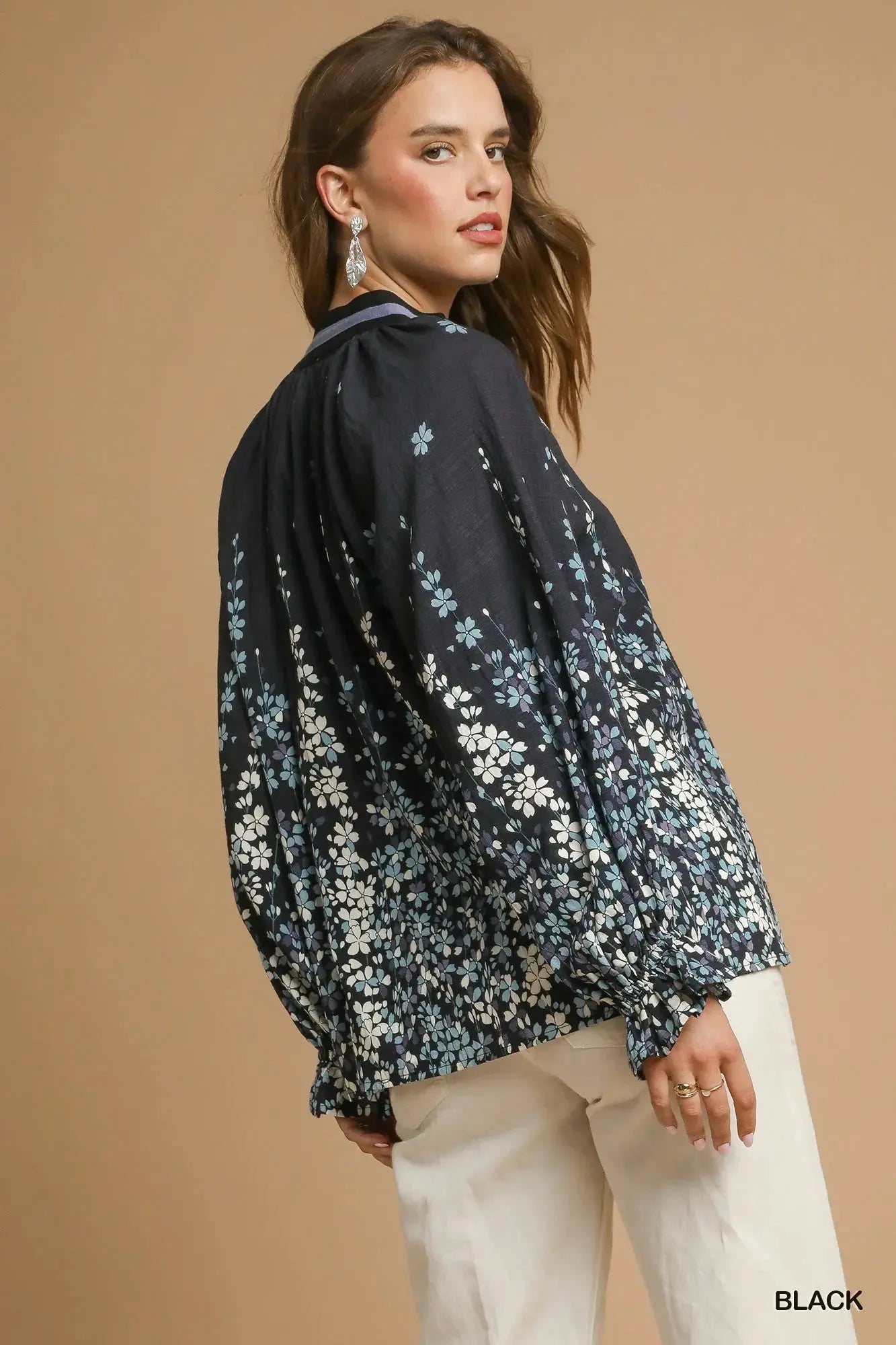 Umgee Full Size Floral Vine Print Blouse with Balloon Sleeves  Style Ratio