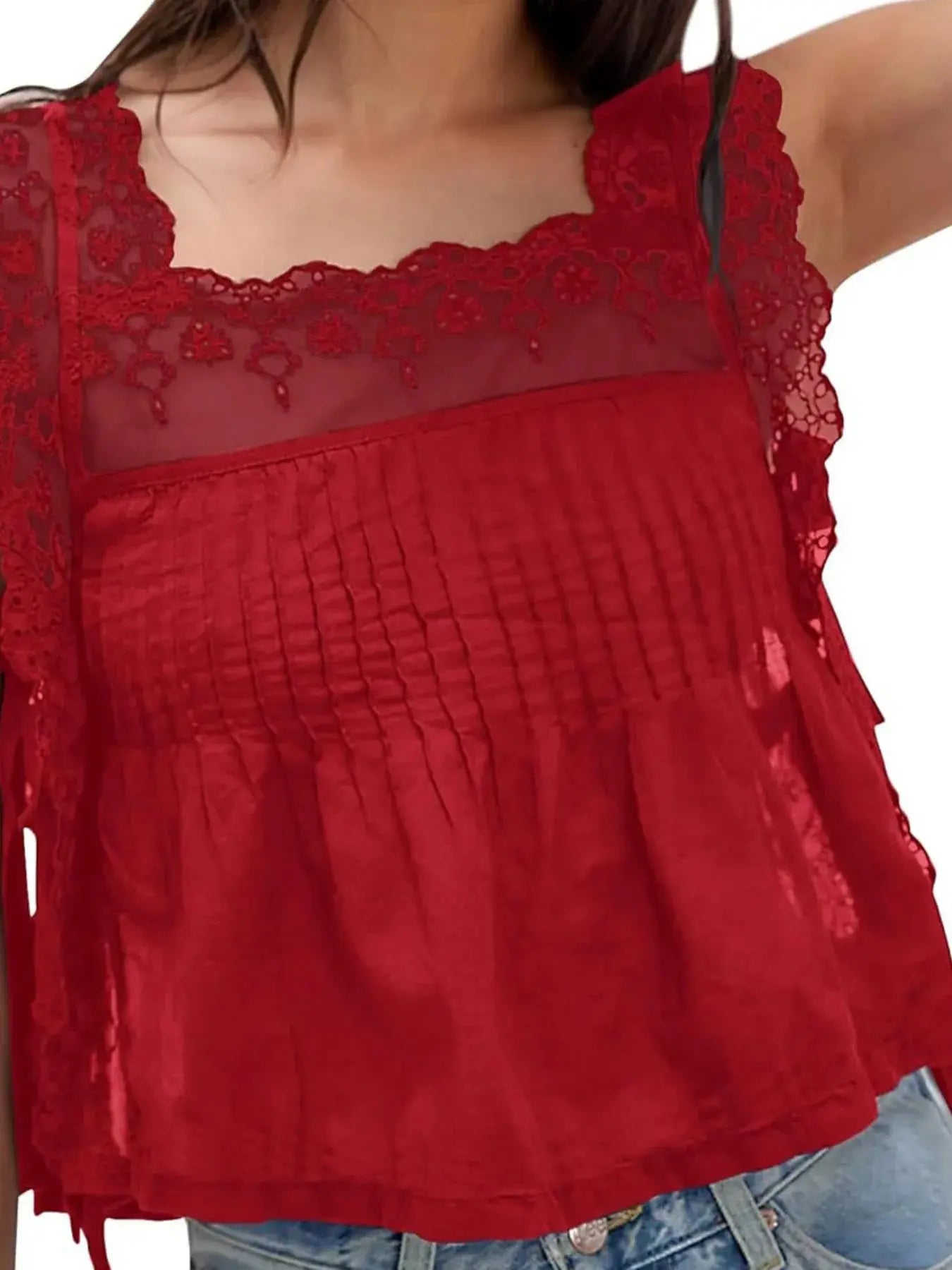 Lace-Trimmed Eyelet Square Neck Top  Style Ratio