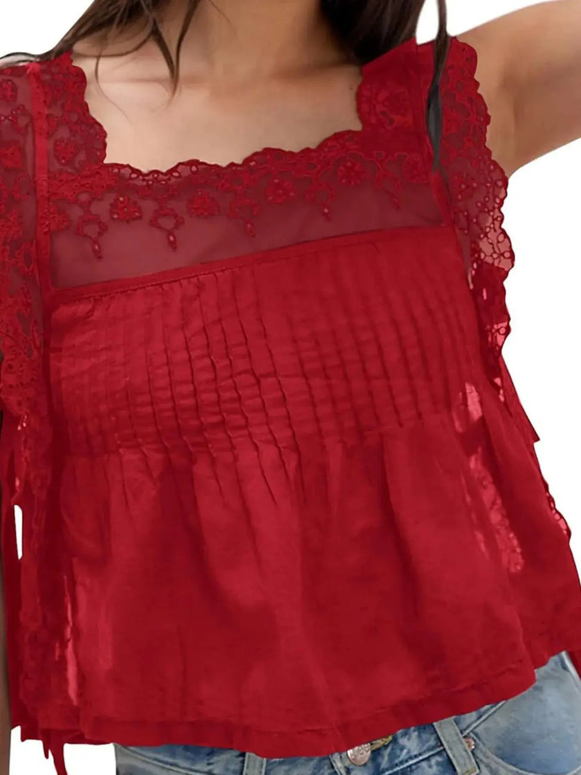 Lace-Trimmed Eyelet Square Neck Top  Style Ratio