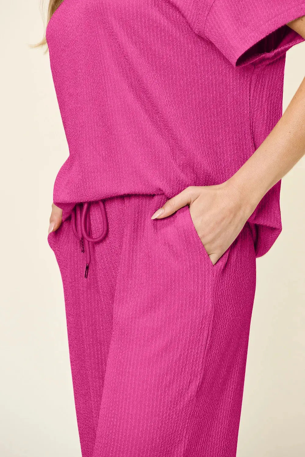 Double Take Texture Round Neck Short Sleeve Shirt and Wide Leg Pants  Style Ratio