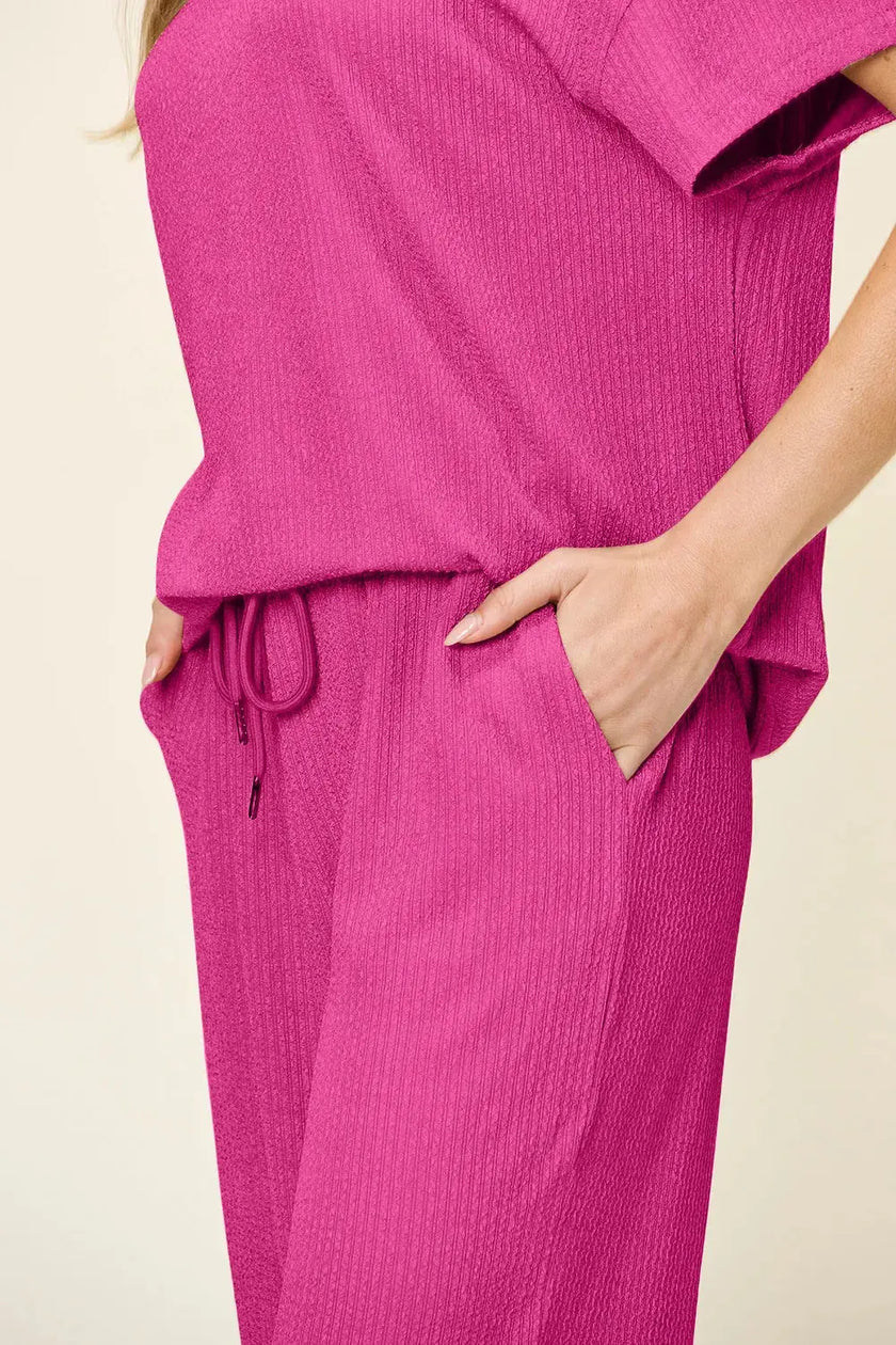 Double Take Texture Round Neck Short Sleeve Shirt and Wide Leg Pants  Style Ratio