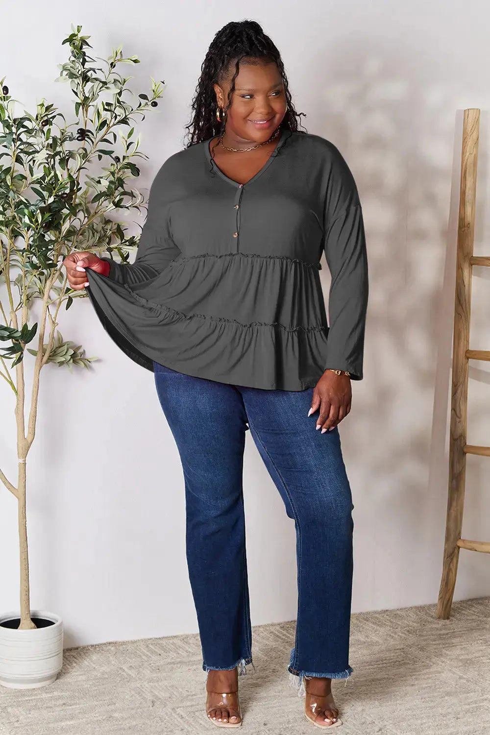 Double Take Half Button Long Sleeve Ruffle Hem Blouse  Style Ratio