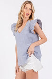 Ces Femme Striped V-Neck Ruffled Cap Sleeve Blouse  Style Ratio