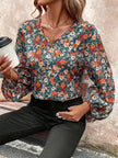 Printed V-Neck Balloon Sleeve Blouse  Style Ratio
