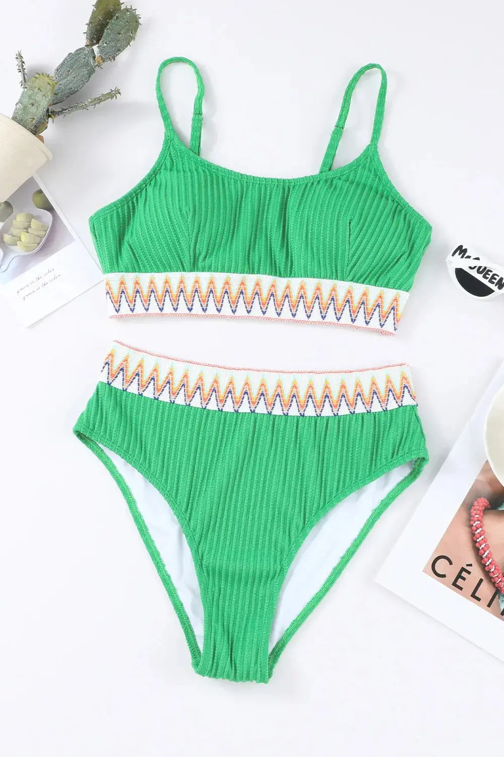 Textured Contrast Banding Bikini High Waist 2pcs Swimsuit  Style Ratio
