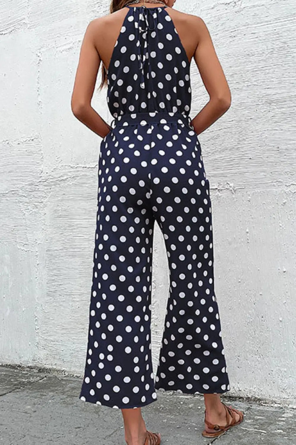 Perfee Polka Dot Grecian Wide Leg Jumpsuit  Style Ratio