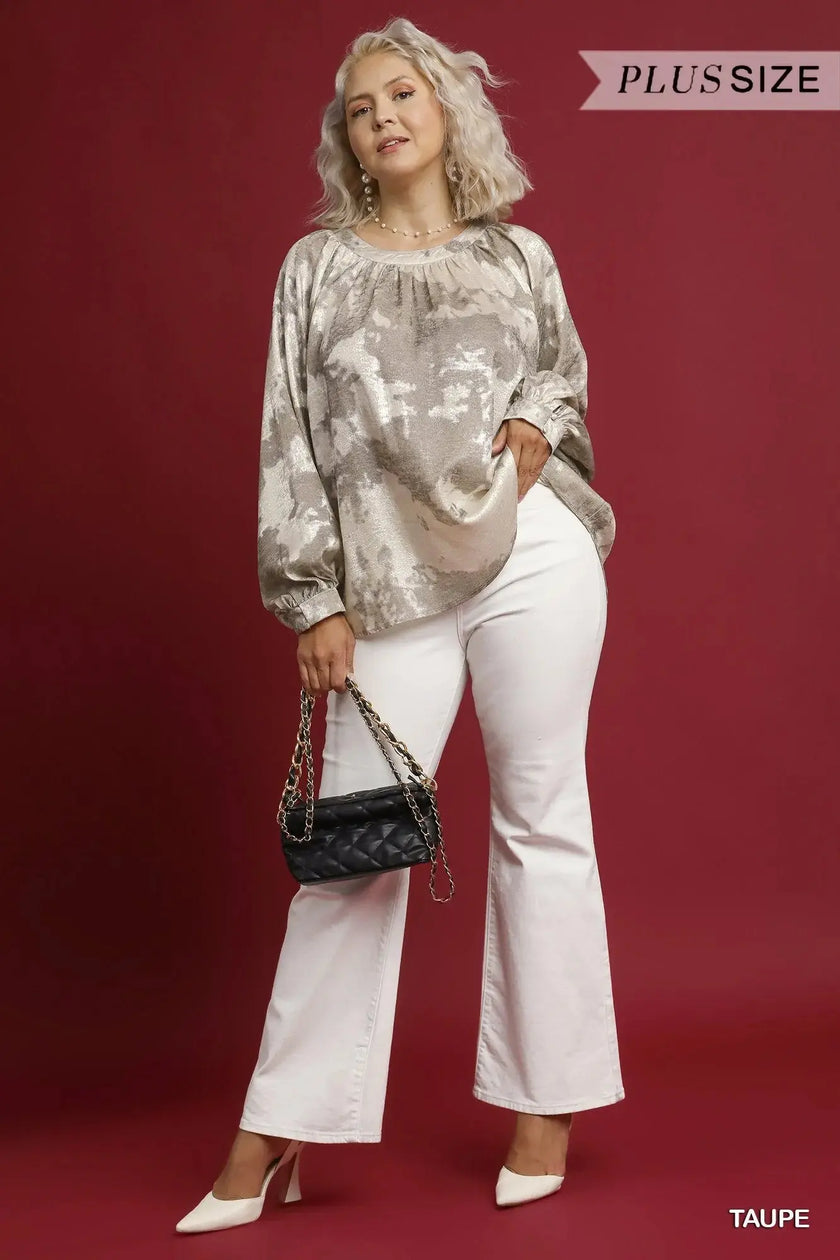 Umgee Full Size Metallic Fabric Blouse with Balloon Sleeves  Style Ratio