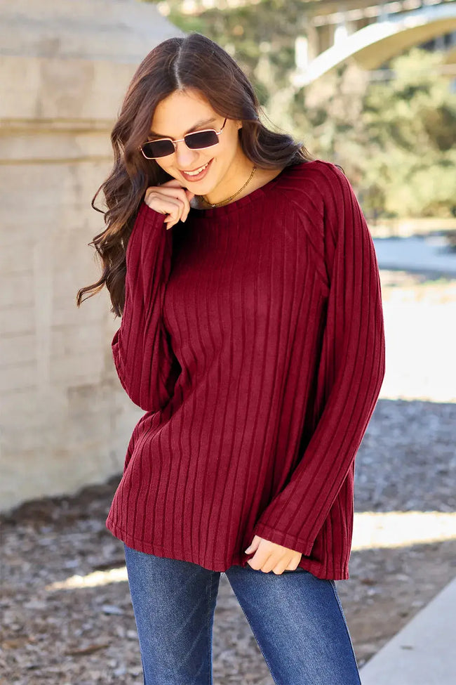 Basic Bae Full Size Ribbed Round Neck Long Sleeve Top  Style Ratio
