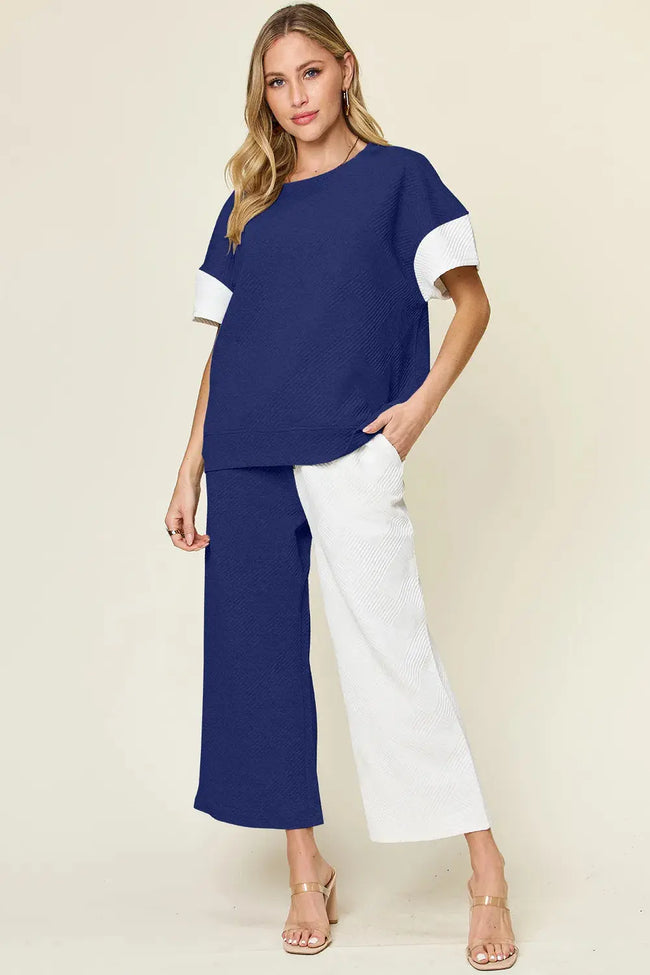 Double Take Contrast Shirt and Wide Leg Pants Set  Style Ratio