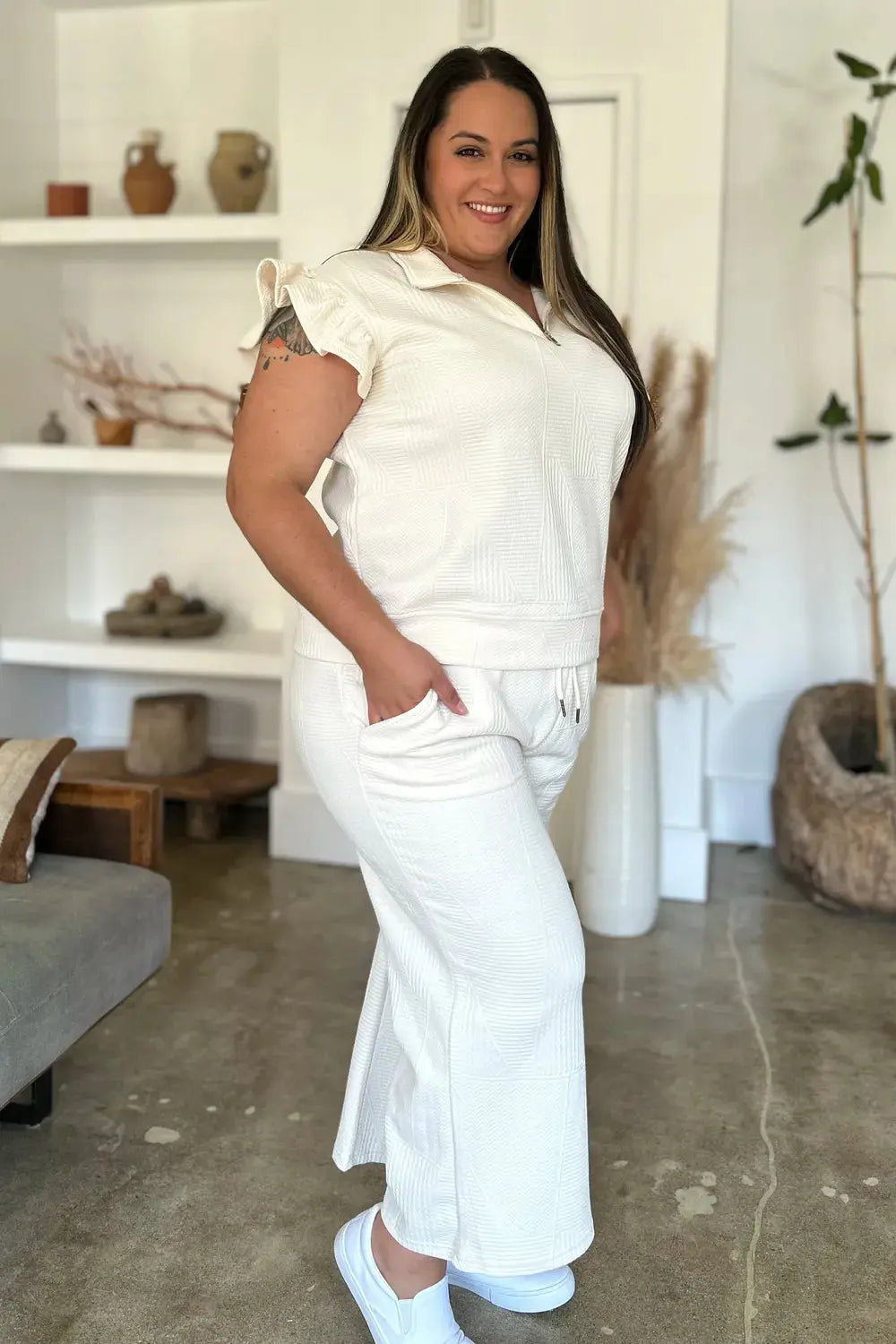 Double Take Full Size Texture Ruffle Short Sleeve Top and Wide Leg Pants Set  Style Ratio