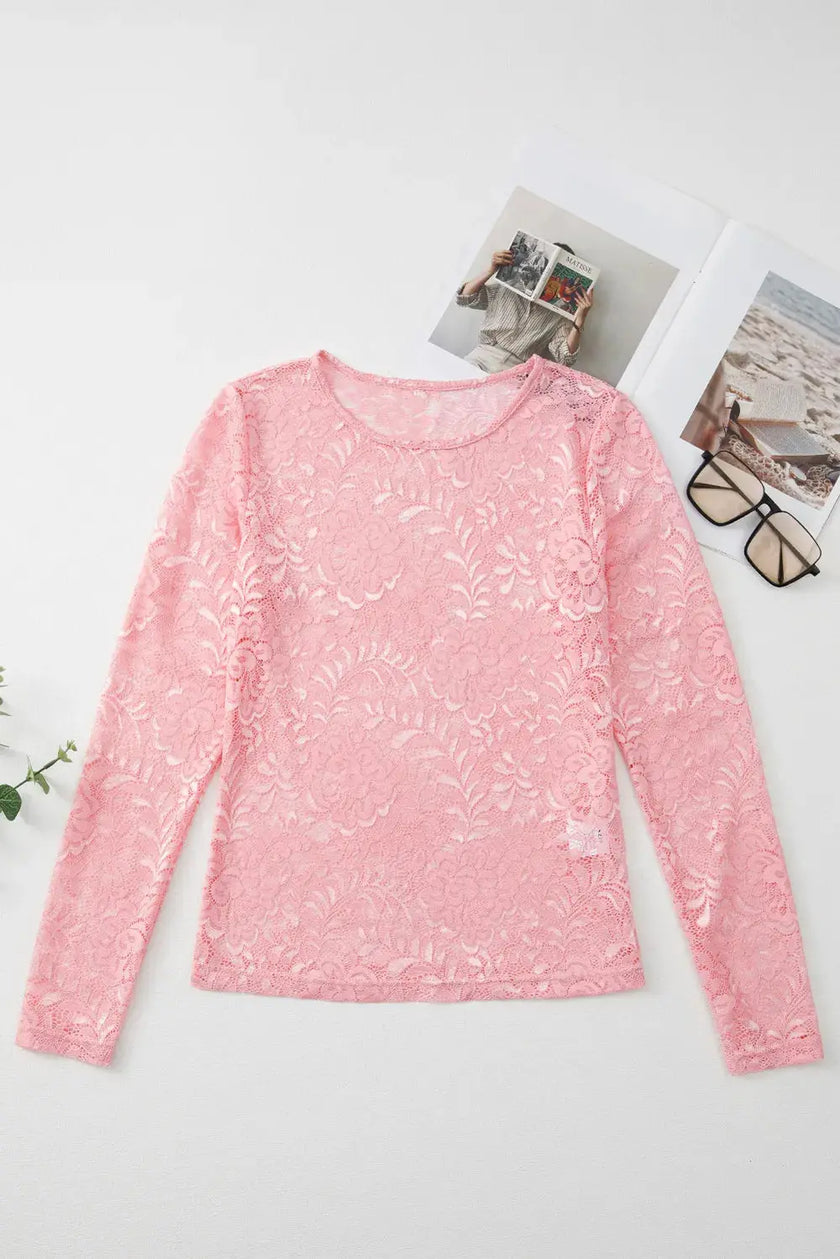 Lace Flower Round Neck Long Sleeve Top  Style Ratio