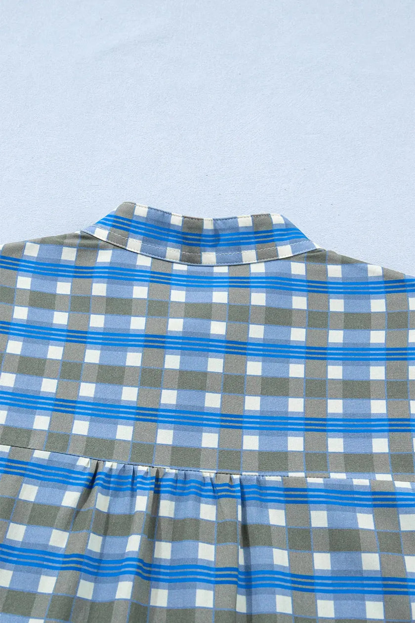Plaid Long Sleeve Frilled Detail Half Button Blouse  Style Ratio
