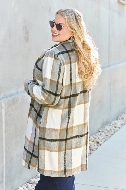 Double Take Plaid Button Up Lapel Collar Coat Trendsi