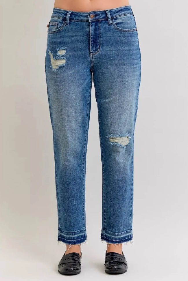 Judy Blue Full Size Mid Rise Bf Patch & Repair Destroy Release Hem Jeans  Style Ratio