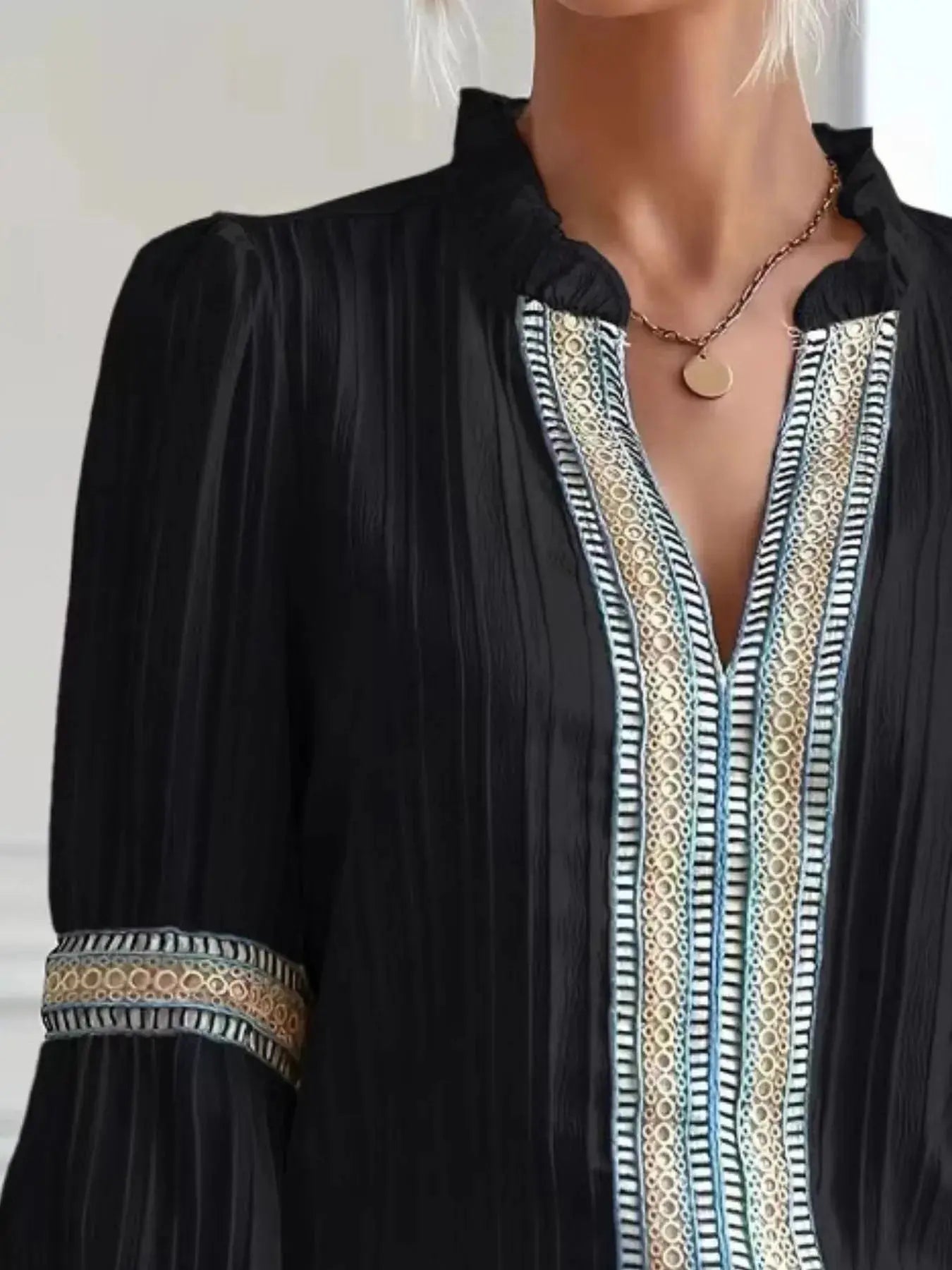 Notched Textured Balloon Sleeve Blouse  Style Ratio