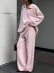 Polo Collar Top and Wide Leg Pants Knit Set  Style Ratio